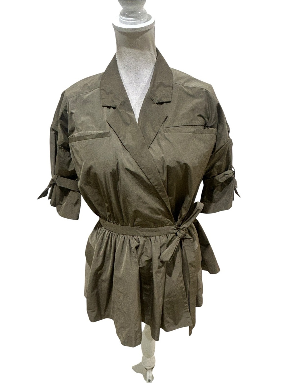 Banana Republic Olive Utility Wrap shirt Jacket shacket Tie Waist short sleeve 8